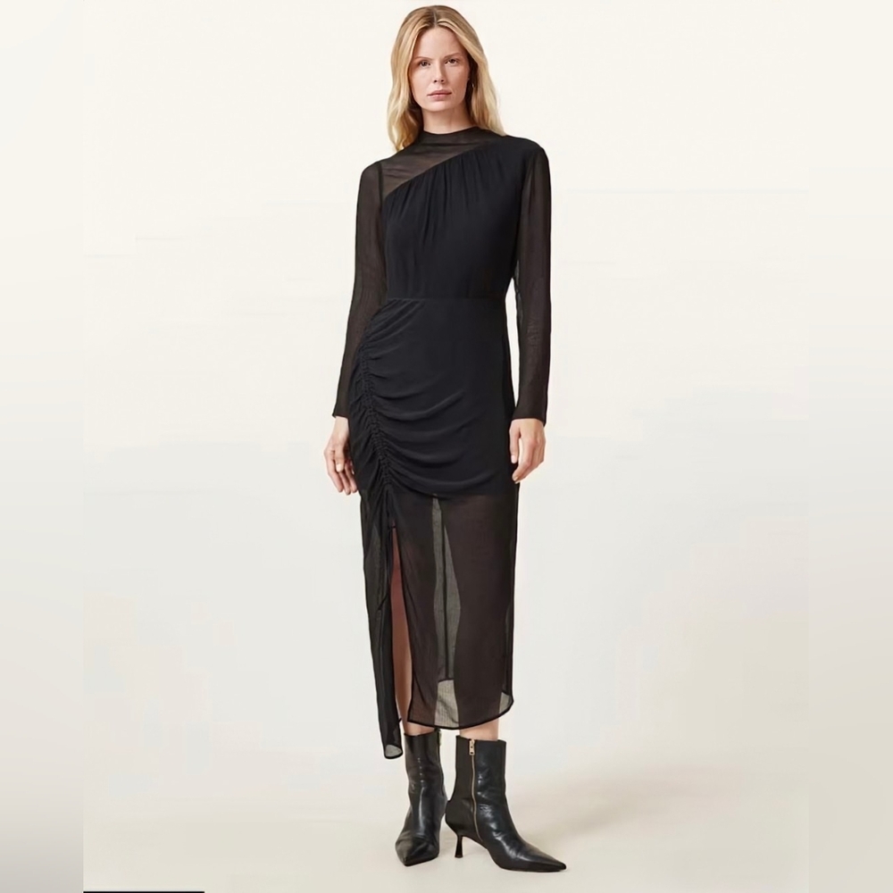 All Saints Rizo Black Sheer Side-Split Pleated Statement Dress Size: 12